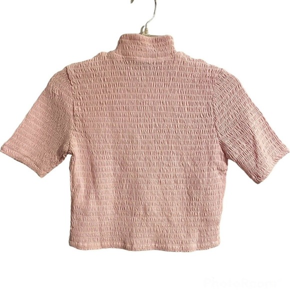Express Small Women's Smocked Mock Neck Cropped Top Pink Short Sleeve Mi… - Picture 3 of 7